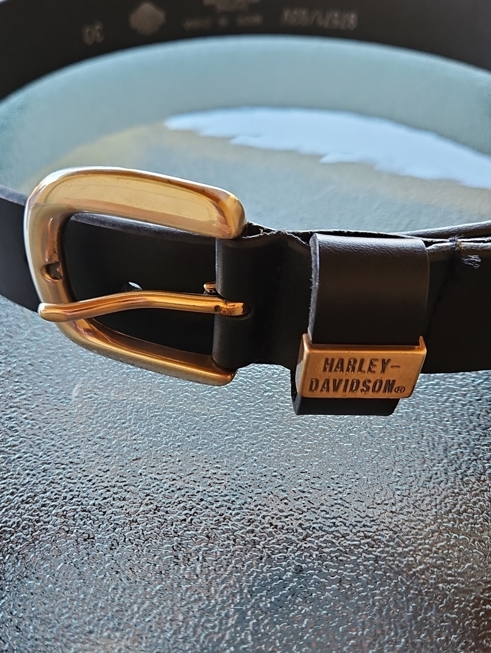 Harley-Davidson Black Leather Belt with Gold Buckle and Logo Plate